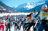 Engadin Skimarathon: Langgezogene Laeufer-Schlange bei Sils-Maria